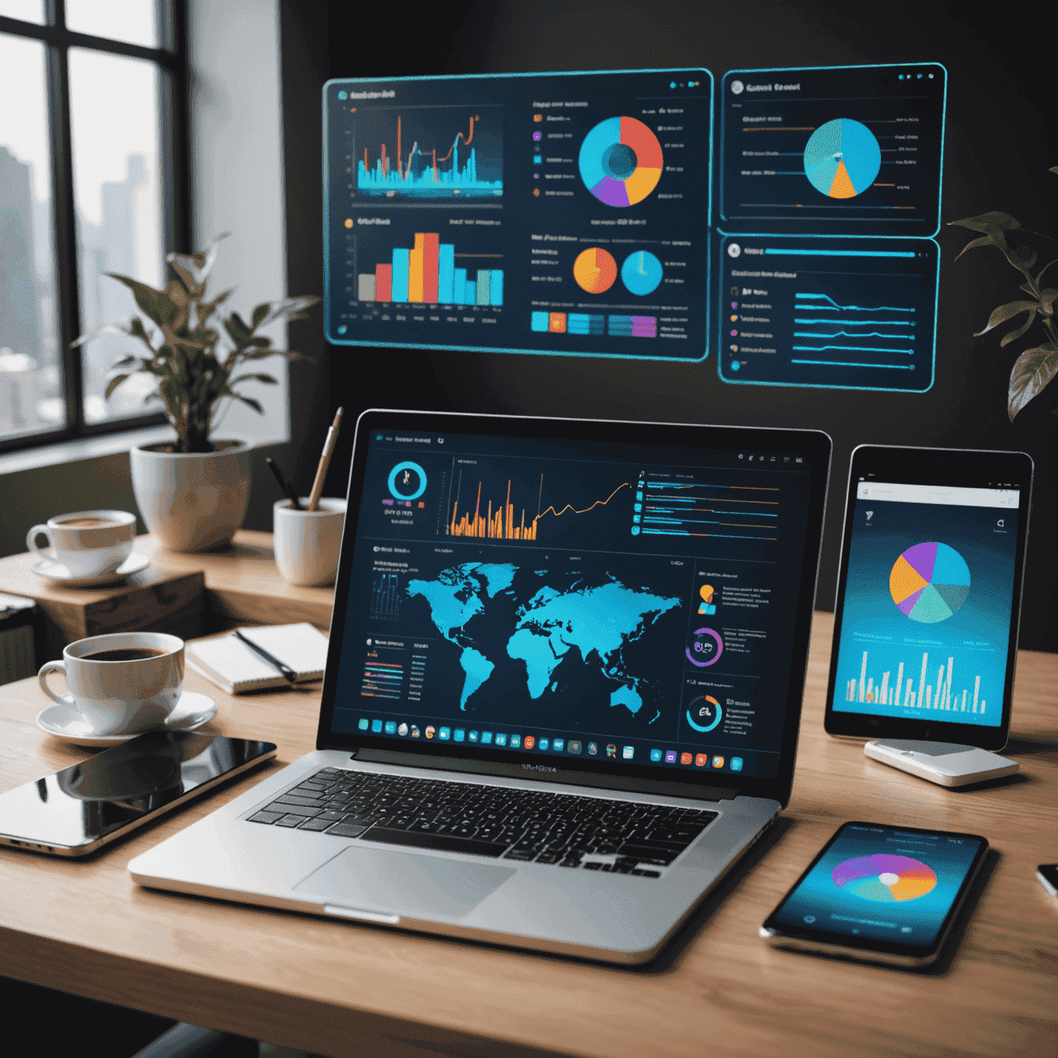 Obraz przedstawiający nowoczesne urządzenia technologiczne na biurku, takie jak laptop, tablet i smartfon, z holograficznymi wyświetlaczami pokazującymi różne dane i wykresy