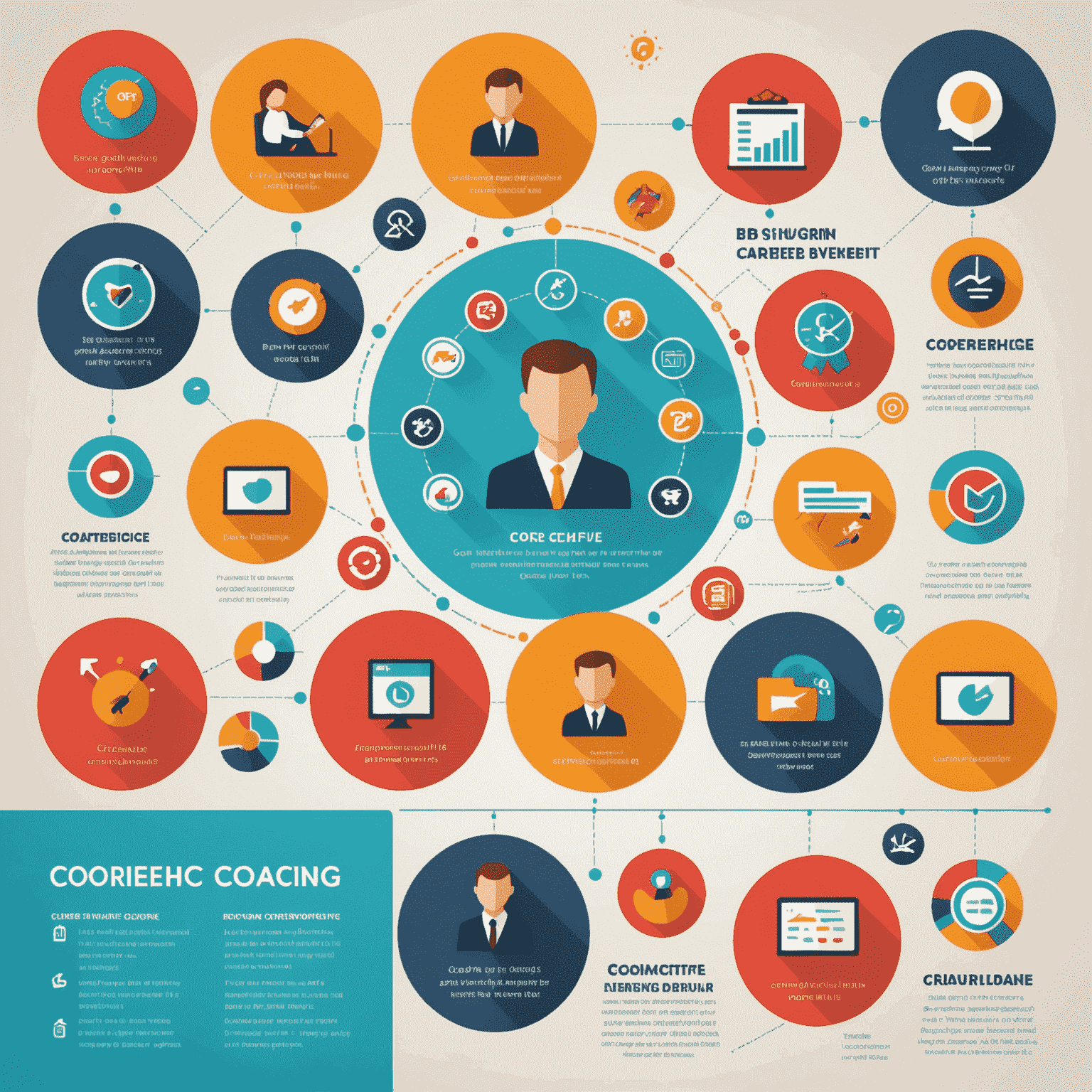 Infografika przedstawiająca korzyści z coachingu kariery. Kolorowe ikony i wykresy ilustrujące wzrost pewności siebie, rozwój umiejętności i poprawę równowagi życiowej.